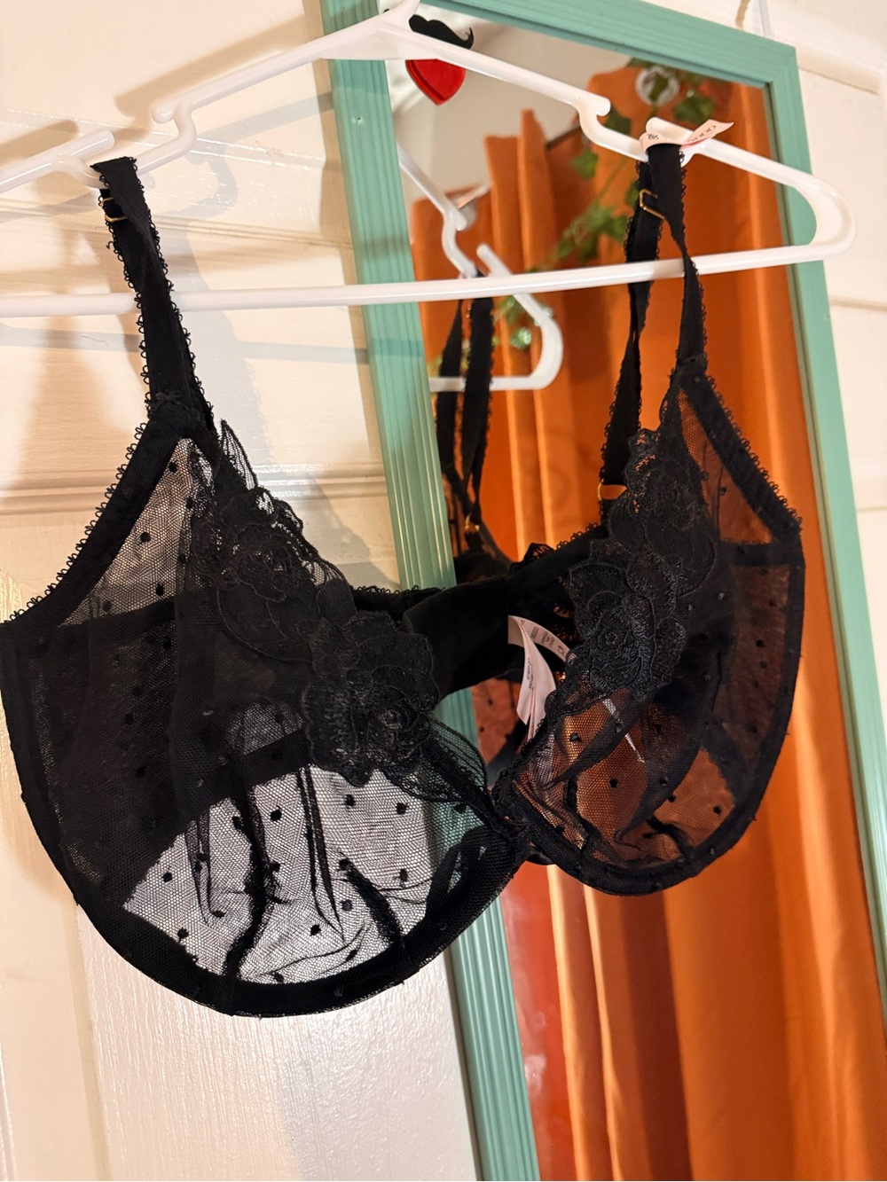 Victoria's Secret Black Sheer Lace Underwire Bra with Floral Appliqué
